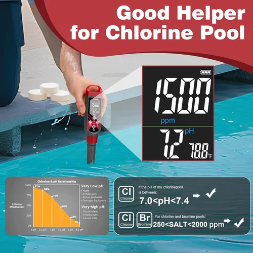 Miniatura 6 de Medidor digital de pH de piscina y probador de sal con batería AAA 5 en 1 pluma de pH Medidor de pH de sal roja
