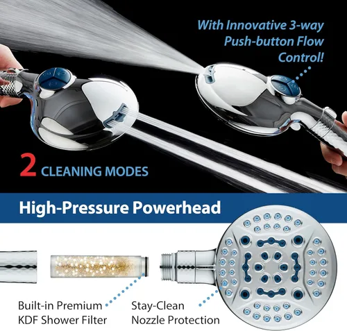 Miniatura 5 de AquaCare High Pressure 6-way Dual Shower Head Combo with Built-in Filter & Power Wash - Clean Tub, Tile & Pets. Remove Chlorine, Lead & Toxins from