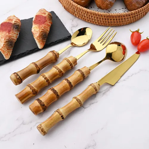 Miniatura 6 de Juego de cubiertos de bambú para 6, 24 piezas de cubiertos de acero inoxidable con mango de bambú natural, juego de cubiertos dorados, espejo, apto
