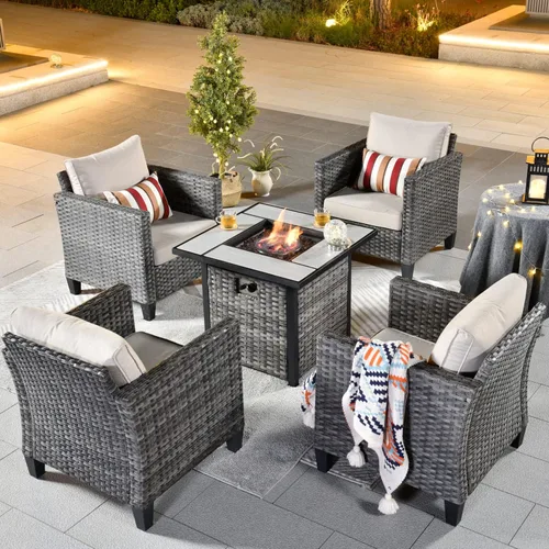 Miniatura 32 de ovios Juego de muebles de patio de 6 piezas, sillas giratorias de mimbre para exteriores con mesa para fogatas de 30 pulgadas, juego de mecedoras