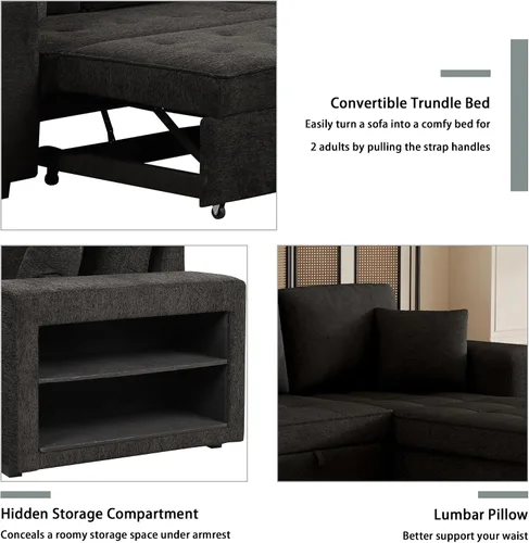 Miniatura 8 de Sofá cama modular reversible de 104.5 pulgadas con cama extraíble, sofá modular convertible en forma de L con diván de almacenamiento y 2 taburetes