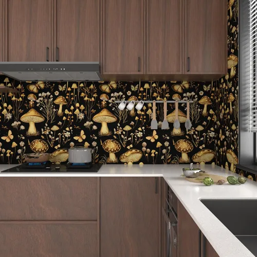 Miniatura 2 de Papel tapiz vintage de hongos para despegar y pegar, papel de contacto floral negro y dorado, papel de pared bohemio para pegar en el gabinete