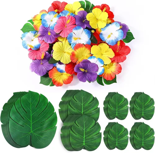 126 piezas de suministros para decoraciones de fiesta Luau, hojas de palma tropicales, flores de hibisco, hojas artificiales simuladas para fiestas