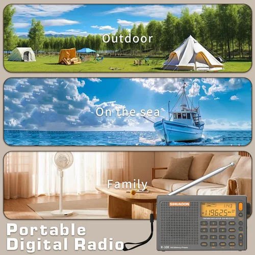 Miniatura 7 de SIHUADON R-108 Radio portátil AM FM SW LW Airband, pequeña radio de emergencia retro digital funciona con pilas, 5 W, altavoz con alarma