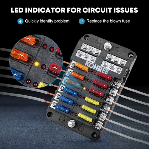 Miniatura 3 de Kohree - Bloque de fusibles de hoja de 12 vías de 12 V, soporte de caja de fusibles automotriz de 12 voltios, impermeable con indicador LED de panel
