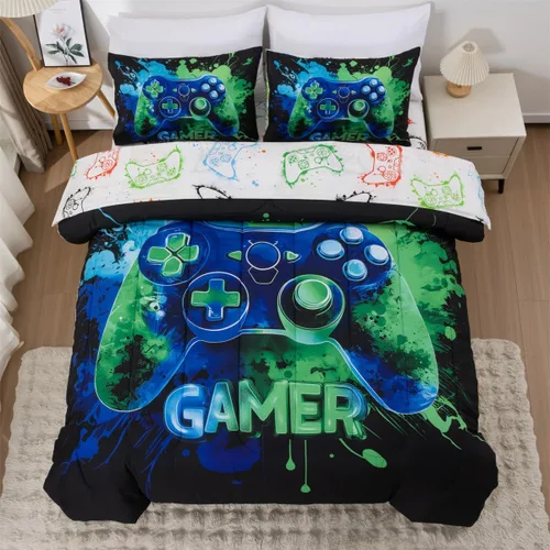 Miniatura 12 de NTBED Juego de edredón de consola de videojuegos de 5 piezas para niños y niñas, ropa de cama geométrica en una bolsa, de microfibra ligera