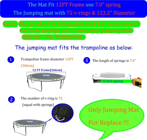 Miniatura 3 de Alfombrilla para cama elástica de 12 pies, se ajusta a marco de trampolín de 12 pies de diámetro, alfombrilla de repuesto con 10 filas de costuras
