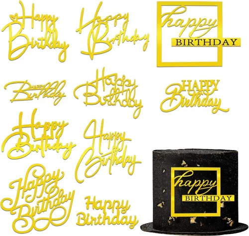 10 adornos acrílicos dorados para tartas de cumpleaños, 10 estilos