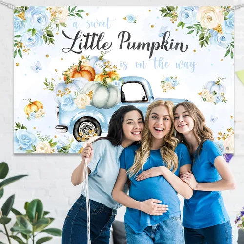 Miniatura 5 de Fondo de decoración de baby shower con diseño de calabaza pequeña para niño, A Sweet Little Pumpkin is On The Way Fall Blue Floral Truck Fotografía