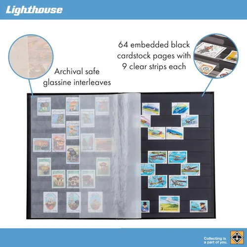 Miniatura 3 de LIGHTHOUSE - Libro de libros de tapa dura "BASIC" para sellos, 64 páginas de cartulina negra A4 con tiras transparentes y bisagras de lino dobles