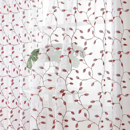 Miniatura 2 de Tollpiz - Cortinas cortas traslúcidas con hojas bordadas, de lino texturizado, para cocina, cortina de media longitud, con cortinero, de gasa