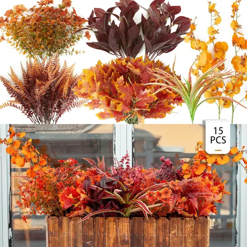 Miniatura 12 de PARTY JOY 17 racimos de plantas falsas para exteriores, arbustos falsos resistentes a los rayos UV, flores artificiales verdes, arbustos
