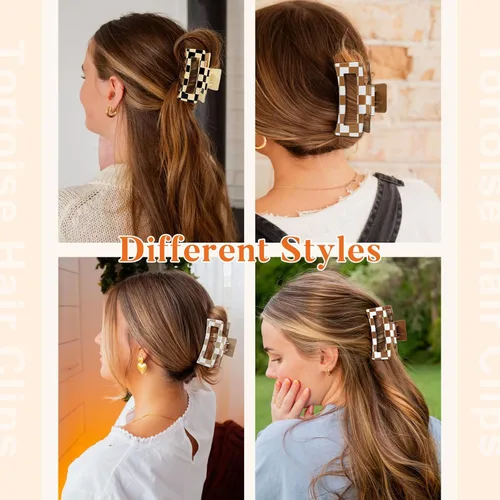 Miniatura 5 de Auseibeely 6 pinzas para el cabello a cuadros para mujer, 3.35 pulgadas, pinzas cuadradas medianas para cabello fino, bonitos accesorios