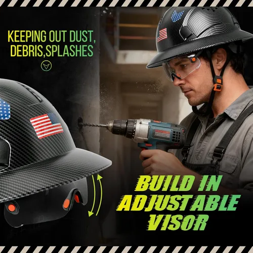 Miniatura 3 de Casco duro de ala completa con patrón de fibra de carbono con visera, casco de seguridad de construcción aprobado por la OSHA para hombres y Fibra