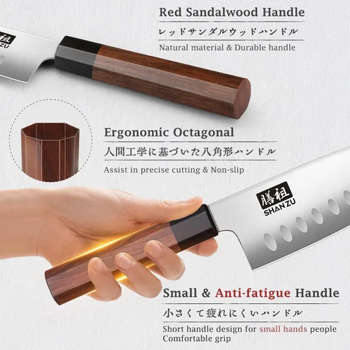 Miniatura 3 de SHAN ZU - Cuchillo Santoku de 5 pulgadas para manos pequeñas, cuchillo de cocina japonés de acero de alto carbono, cuchillos de chef afilados