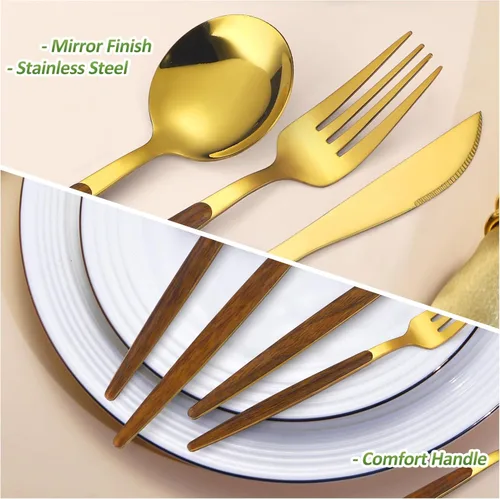 Miniatura 4 de Juego de cubiertos dorados de 20 piezas con tenedor para pastel, juego de cubiertos de acero inoxidable para 4, utensilios de cocina con mango