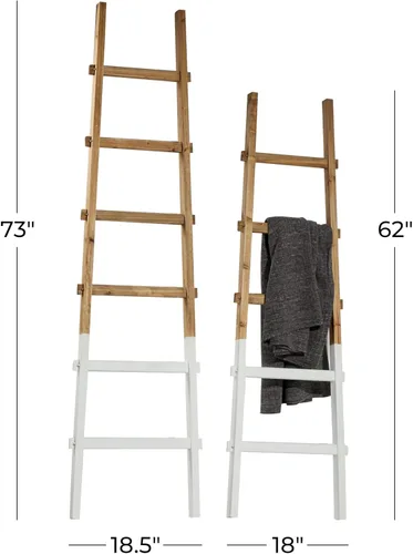 Miniatura 6 de Deco 79 Escalera de madera para 5 y 6 estantes con bases blancas, juego de 2 62 pulgadas, 73 pulgadas de alto, marrón