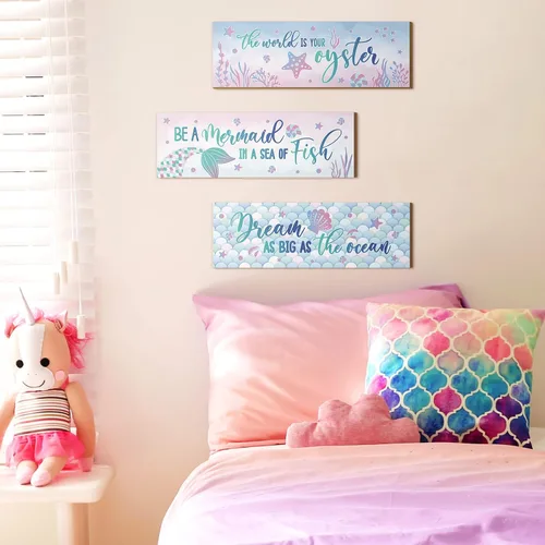 Miniatura 5 de Yerliker 3 piezas de decoración de pared de sirena con tema oceánico de madera para niña, placa temática del mar, decoración motivacional, cola