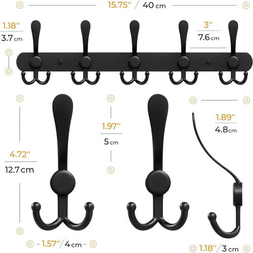 Miniatura 2 de Perchero de pared con 5 ganchos triples, acero inoxidable de 16 pulgadas – acabado mate negro, perchero resistente montado en la pared para abrigos