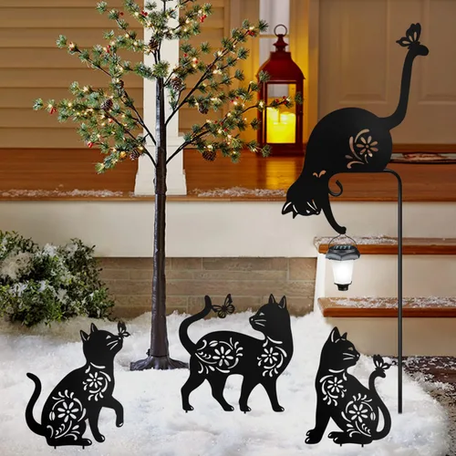 Miniatura 5 de Estacas de Jardín de Gato Sosteniendo Farol Solar Gatos de Jardín de Metal Farol Solar de Gato Estacas Decorativas de Jardín para Patio, Jardín