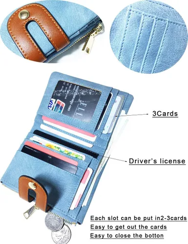 Miniatura 38 de AOXONEL Cartera pequeña de cuero plegable Rfid para mujer, con cremallera, bolsillo para tarjeta de identificación, delgada, compacta y delgada