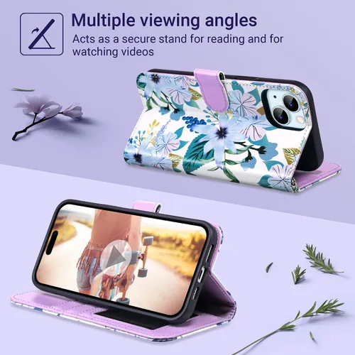 Miniatura 3 de ULAK Funda Cartera compatible con iPhone 15 Plus con tarjetero, Funda con Tapa de Flores para mujeres y niñas, de cuero PU, con soporte, correa