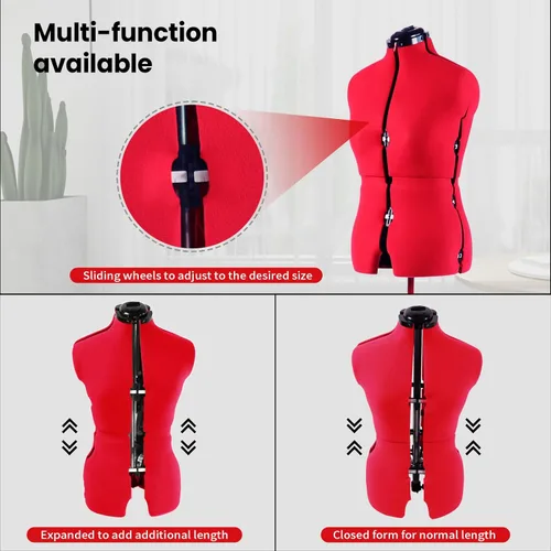 Miniatura 3 de Forma de Vestido Maniquí Femenino Ajustable para Costura Tallas 12-18, Forma de Cuerpo para Alfileres con 13 Diales, Base Rodante Desmontable, Rango