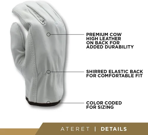 Miniatura 3 de ATERET 24 pares de guantes de trabajo de cuero vacuno resistentes y duraderos, talla XL I Guantes para conductores de camiones, almacenes