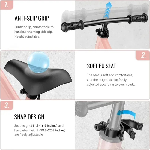 Miniatura 5 de SEREED Bicicleta de equilibrio para niños de 2 a 5 años, sin pedales, ajuste sin herramientas, placa personalizable con calcomanías, regalo para Rosa