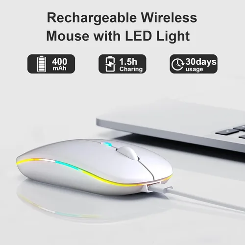 Miniatura 2 de Ratón inalámbrico recargable, mouse inalámbrico LED Bluetooth para iPad, mouse de computadora portátil delgado con receptor USB, conexión dual BT5.4