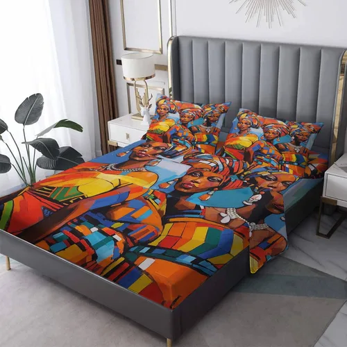 Sábanas de mujer africana, tamaño matrimonial, sábanas tribales, sábanas y fundas de almohada estampadas de 4 piezas, sábana bajera ajustable de