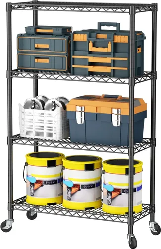 SINGAYE Estante de almacenamiento ajustable de 4 niveles con ruedas, estantería resistente, estantes de alambre para garaje, oficina, despensa, Negro
