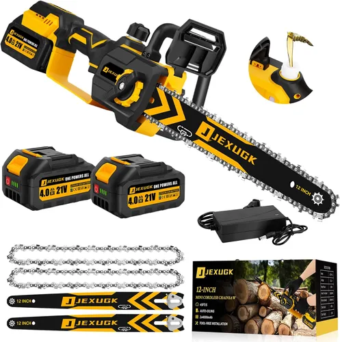 JEXUGK Motosierra sin escobillas de 12 pulgadas, motosierra inalámbrica de 21V con 2 baterías de 4.0Ah, motosierra eléctrica de gasolina recargable