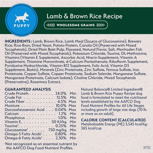 Miniatura 8 de Natural Balance Alimento seco para cachorros de ingredientes limitados con granos saludables, receta de cordero y arroz integral, 24 libras