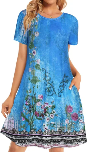 Miniatura 26 de Vestidos de verano para mujer, informales, holgados, estilo camiseta, florales, de manga corta, con vuelo y bolsillos, para la playa