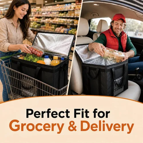 Miniatura 3 de NZ home Bolsa térmica XXL aislada y calentador de alimentos para entrega y compras de comestibles con parte superior con cremallera, color negro