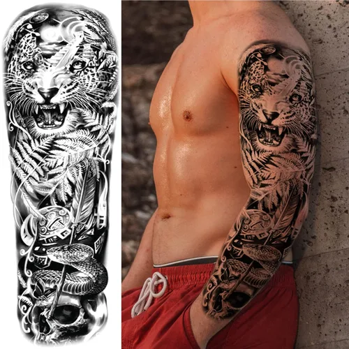 Miniatura 3 de Mangas temporales de tatuaje de bosque, brazo completo, lobo grande, león, animal, bosque, tribal, tatuajes falsos para hombres, mujeres y adultos