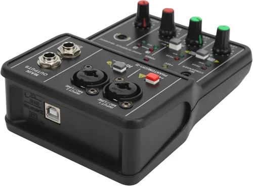 Miniatura 9 de Mini mezclador de audio, 2 canales USB portátil con tarjeta de sonido en vivo, sistema de consola con alimentación fantasma de 48 V, mezclador DJ