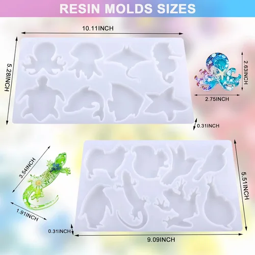 Miniatura 2 de Moldes de resina para llavero, lindos moldes de silicona de animales, 16 animales terrestres marinos moldes epoxi para fundición de resina, llavero