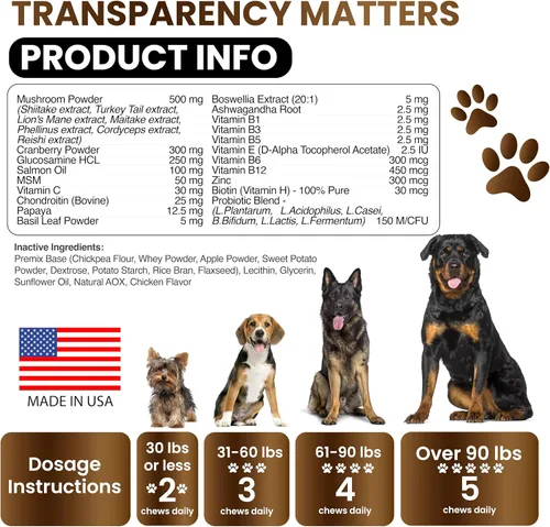 Miniatura 6 de Suplemento de hongo de cola de pavo para perros, 170 masticables, hongos para perros, Reishi, melena de león, multivitamínico de glucosamina