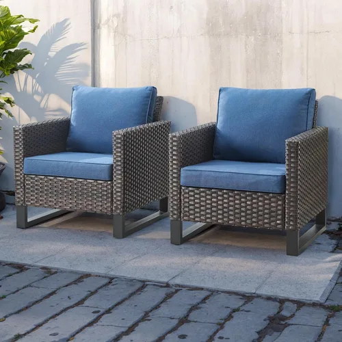 Miniatura 139 de HUMMUH Juego de 2 sillas giratorias para patio, mimbre de polietileno, para exteriores, bistró, porche, balcón, muebles con cojines Gris/gris