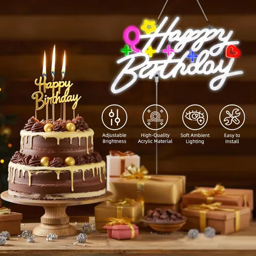 Miniatura 7 de Letrero de neón de feliz cumpleaños, letrero con luz LED de feliz cumpleaños, luz de neón regulable alimentada por USB, letrero de neón