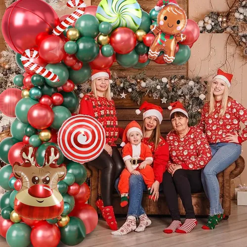 Miniatura 7 de Kit de Guirnalda de Globos de Navidad, 108 Piezas Globos Retro Verde Oscuro Rojo Oro Arco con Globos 4D, Globos de Caramelo en Forma de Bastón