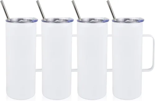 Miniatura 12 de 4 vasos delgados en blanco de sublimación de 24 onzas, tazas blancas con asa y pajita, taza recta de viaje de acero inoxidable de doble pared