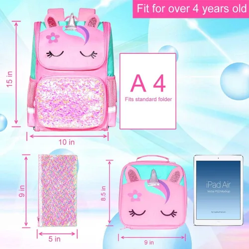 Miniatura 3 de KLFVB Mochila de 3 piezas para niñas y niños, bolsa de libros de dinosaurio de unicornio de 15 pulgadas con lonchera, bolsa escolar preescolar