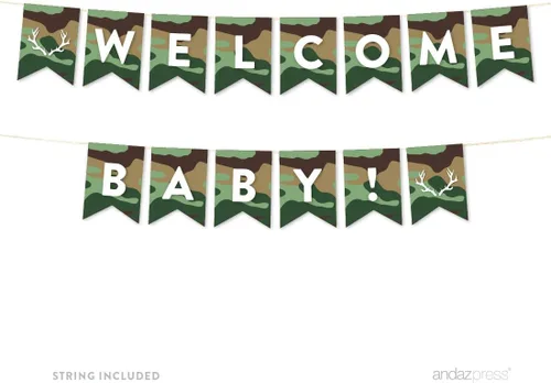 Miniatura 7 de Andaz Press Woodland Camouflage Boy Baby Shower Collection, banderín colgante con cuerda, tarjetas y regalos, 5 pies, 1 juego, decoración de papel