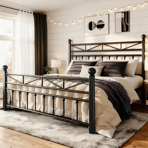 EnHomee Base de cama de plataforma de metal tamaño Queen, cabecero alto de 54" y luces LED, cabecero y piecero vintage victoriano, almacenamiento