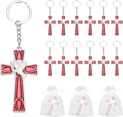 PEUTIER 12 llaveros de cruz de paloma del Espíritu Santo rojo, llaveros de cruz y paloma con bolsas de gasa, recuerdos de confirmación católica para