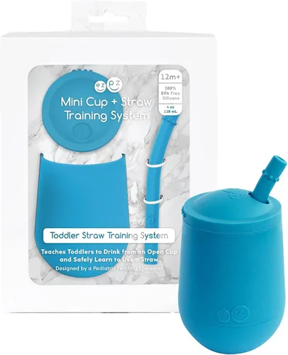 ezpz Taza Mini + Sistema de Entrenamiento con Pajita (Azul) - 9 Meses+ - Taza de Entrenamiento 100% de Silicona para Bebés + Niños Pequeños -