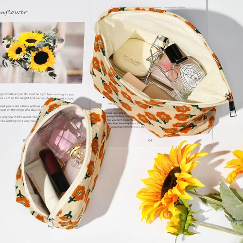Miniatura 4 de SOIDRAM 2 piezas de bolsa de maquillaje con flores, gran bolsa de cosméticos de corduroy de gran capacidad, bolsa de lona mixta, bolsa de viaje